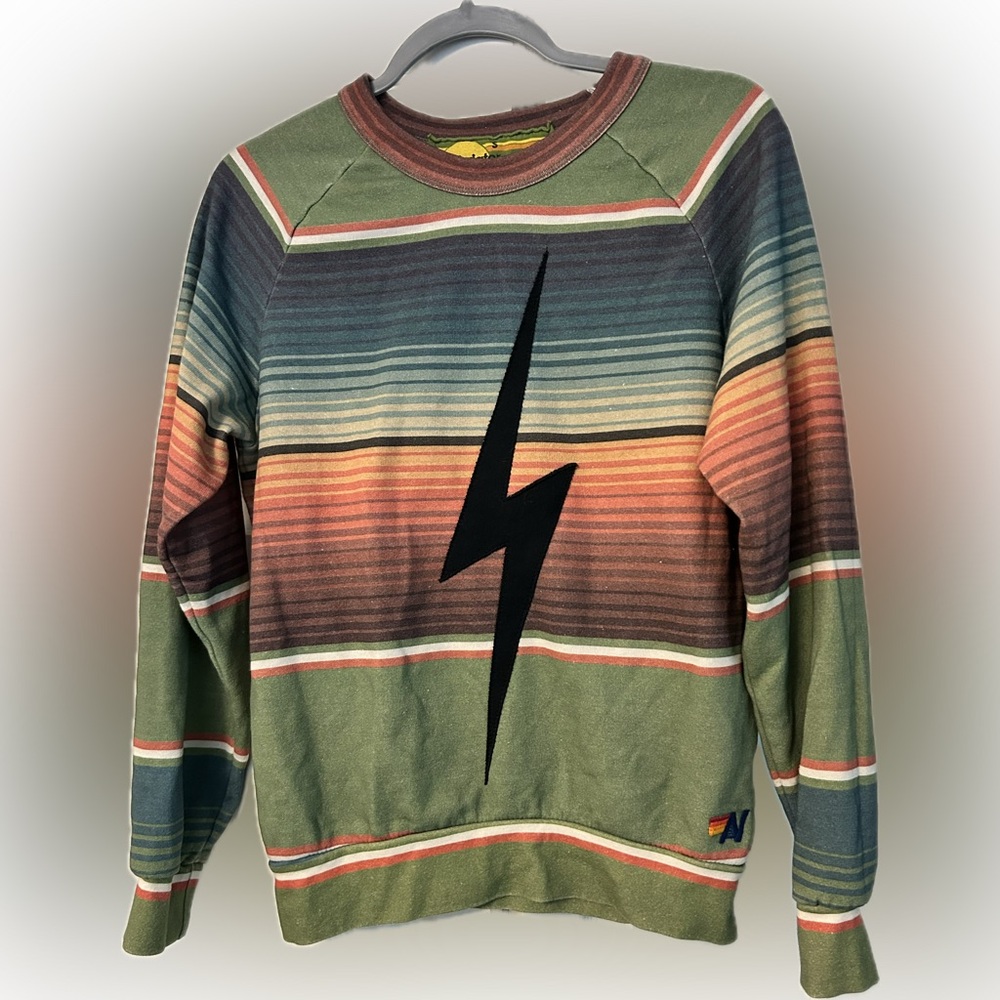 Aviator Nation Serape Tulum Striped Bolt Stitch Crewneck Sweatshirt (Small)